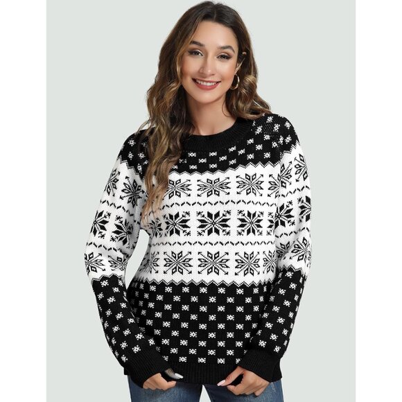 Women Ugly Christmas Black#3 Sweater Reindeer Snowflake Knit Pullover Crew Neck - Picture 5 of 6